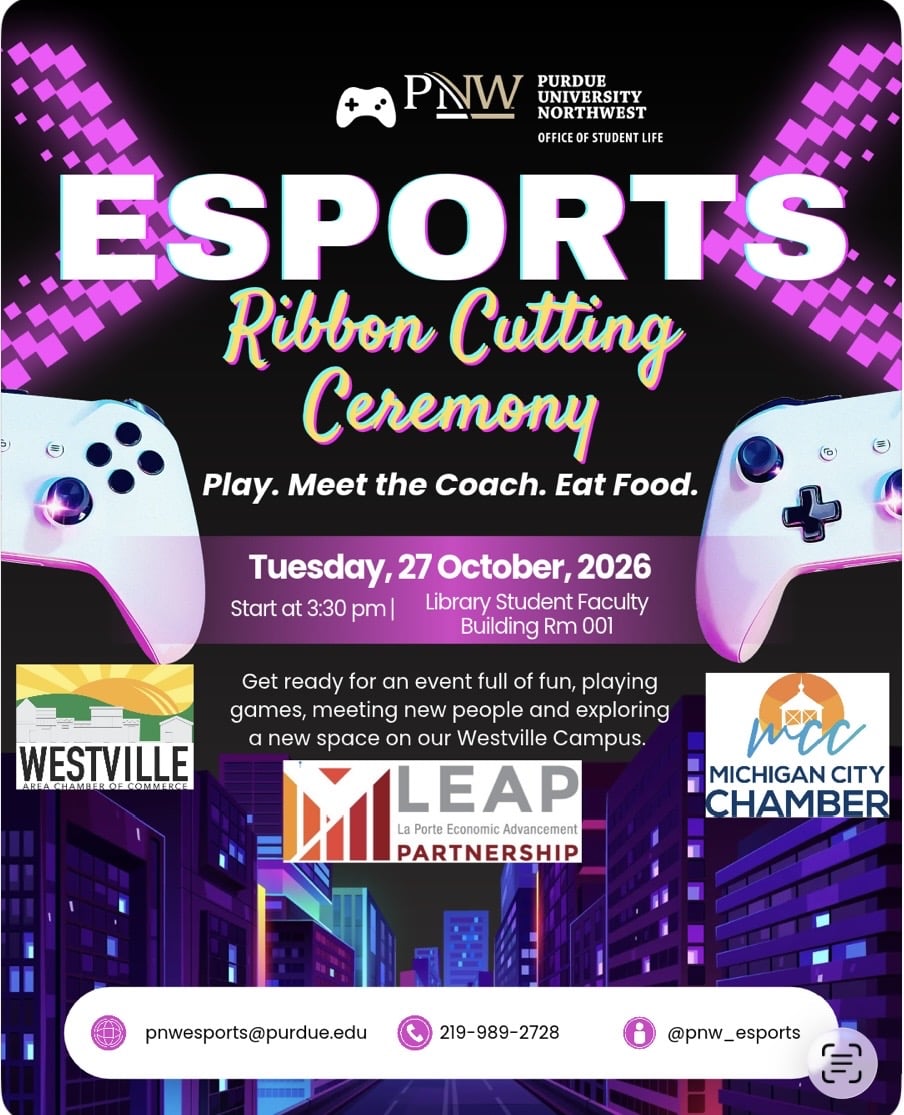 PNW Esports Ribbon Cutting and Open House flyer — October 27, 2026 at 3:30 p.m., Westville campus LSF Room 001.